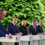 Эммануэль Макрон, Фридрих Мерц, Кейр Стармер, Дональд Туск и Владимир Зеленский