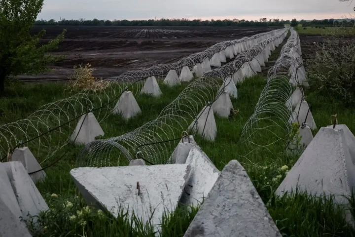 A view shows anti-tank fortifications