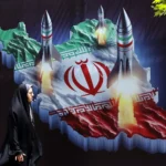 A banner depicting Iranian missiles in Tehran