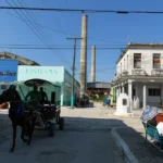 People ride in a horse-drawn carriage